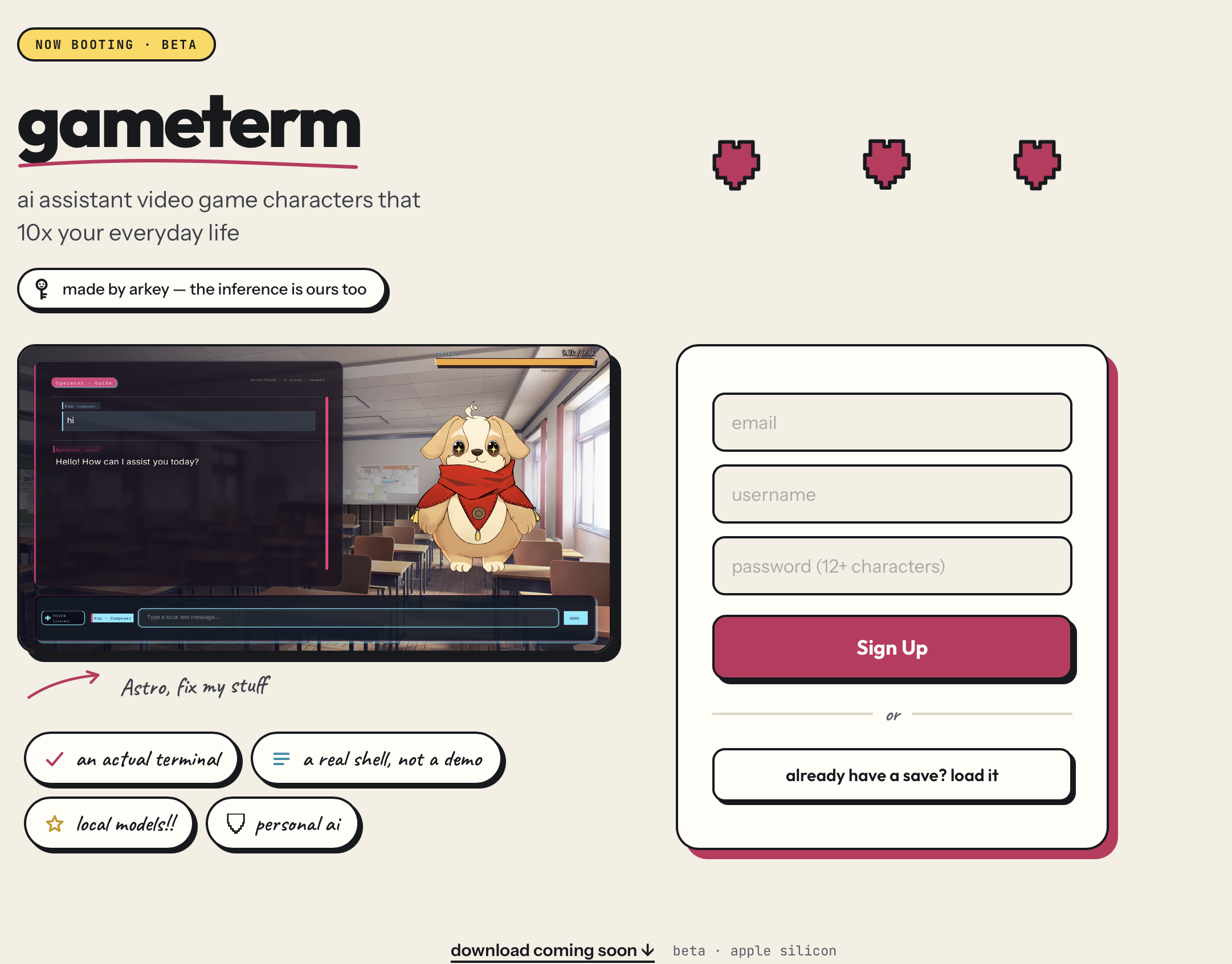 gameterm — a character beside a live terminal