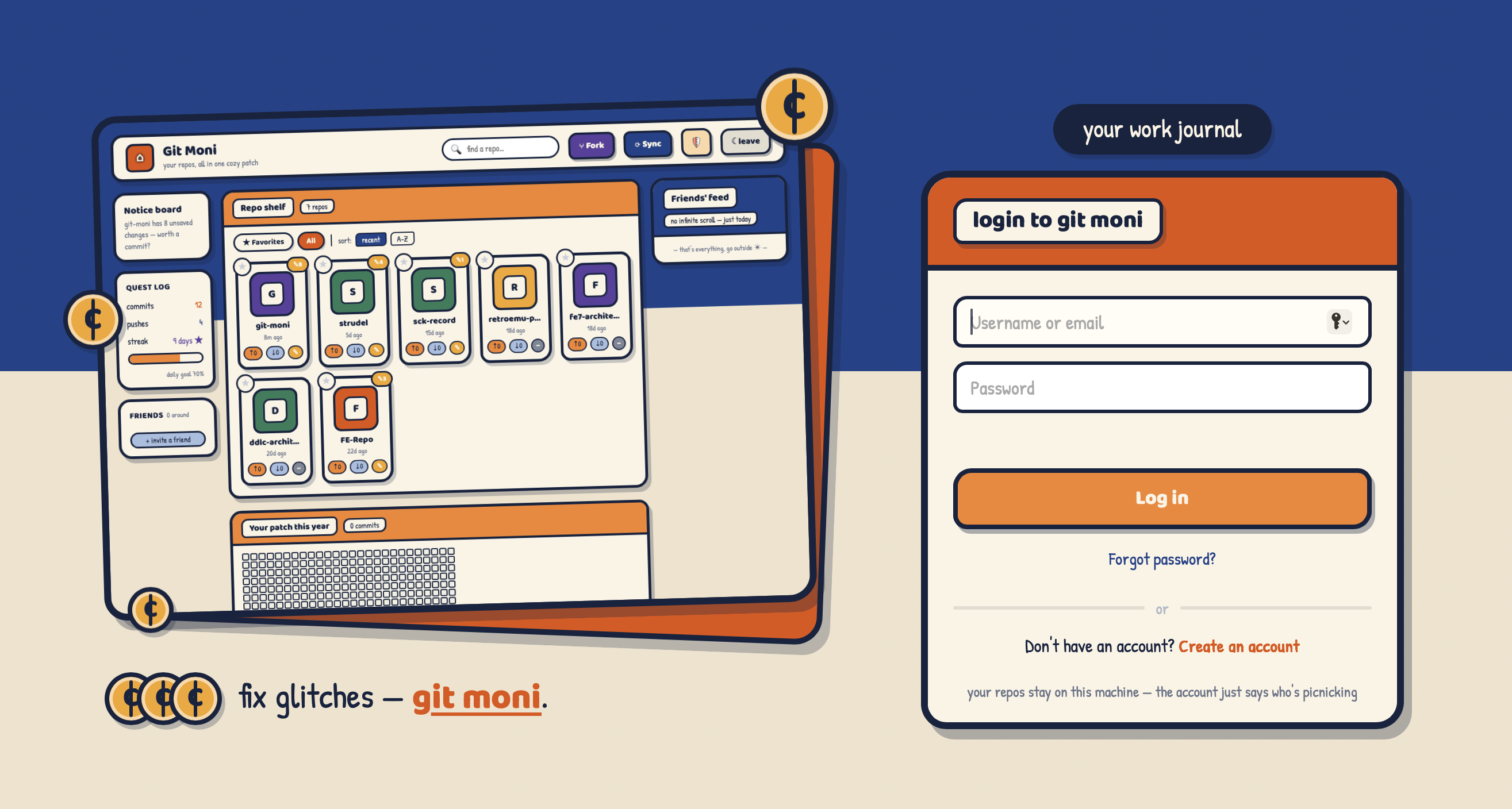 Git Moni — repo shelf and login
